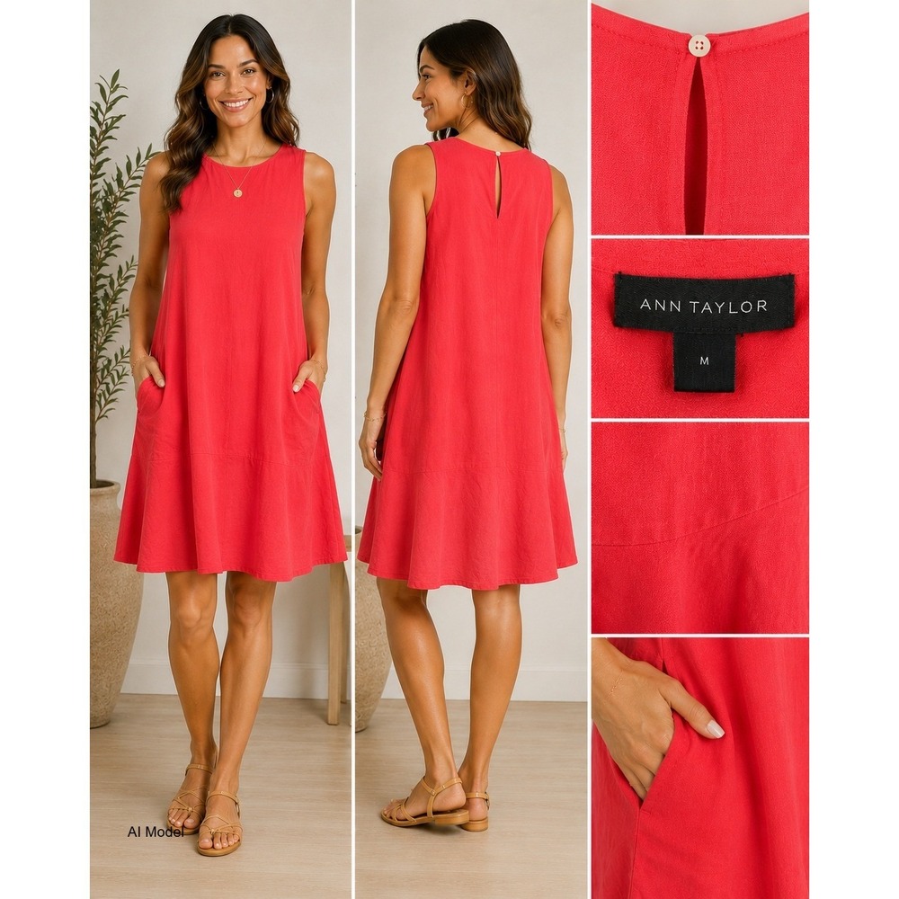 Ann Taylor Coral Linen Blend Shift Dress Medium Sleeveless Flounce Hem Pockets